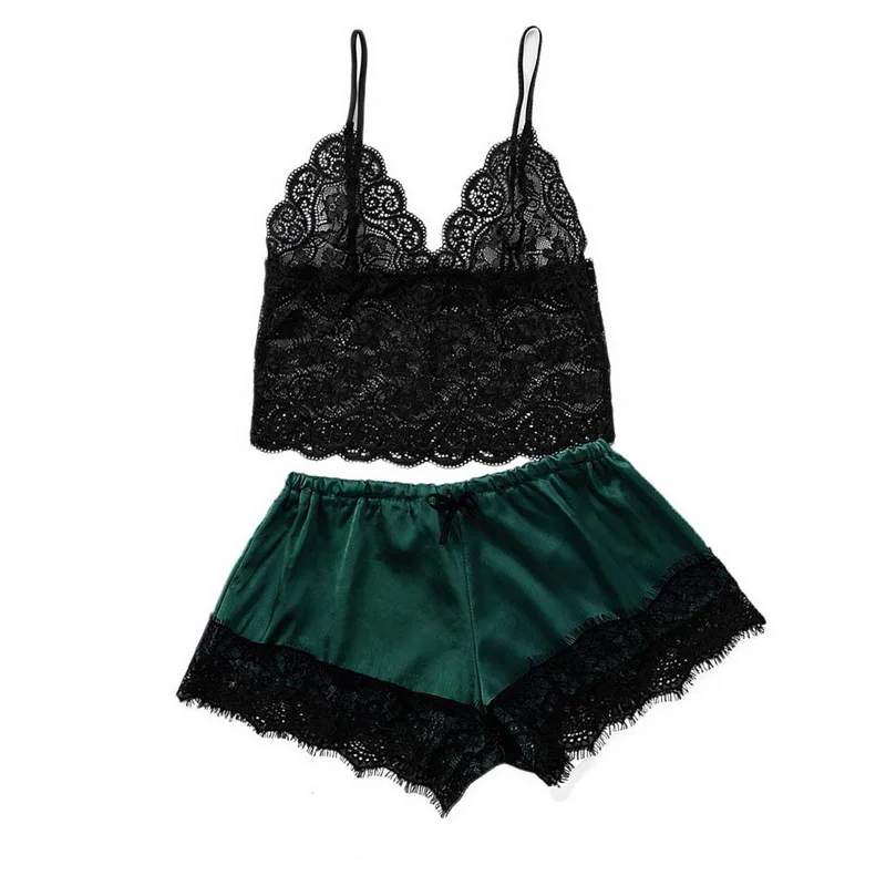 dark green Женская одежда для сна, сексуальное женское белье, атласное кружево, v-образный вырез, камзол шорты, набор, пижама, Женская сексуальная одежда для сна, Ночная одежда - Цвет: dark green