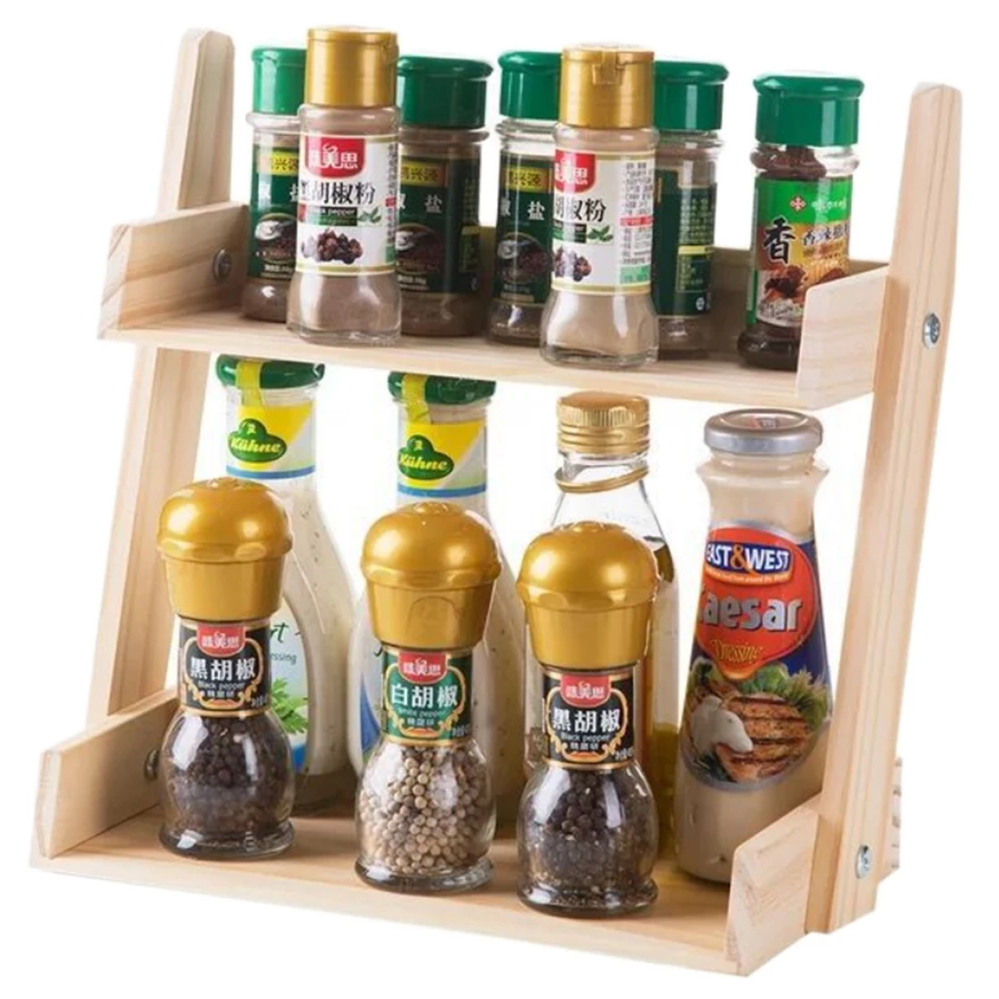

Wooden Two-layer Spice Storage Rack Kitchen Living Room Organizer