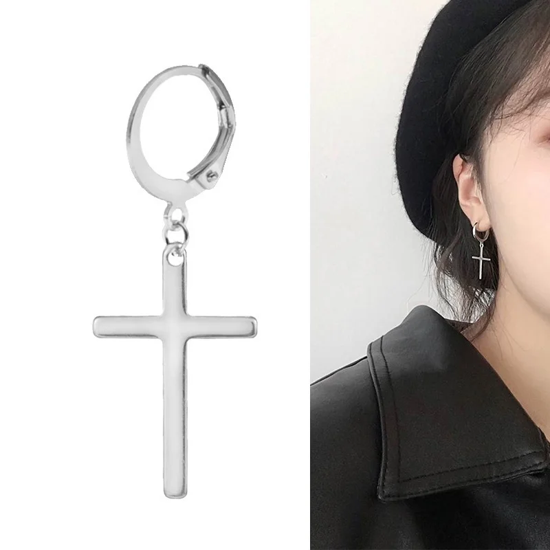 Dangle earrings 1 Pair Stainless Steel Cross Pendant Long Tassel Unisex Hoop Earrings Punk Gothic Jewelry