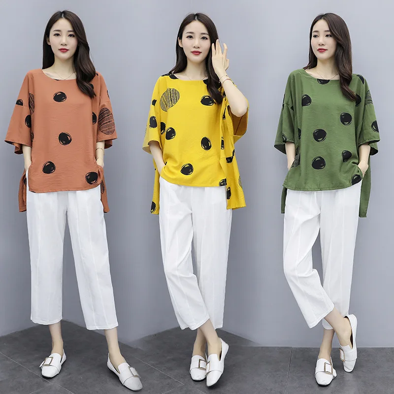 

2019 New Style WOMEN'S Dress Summer Two-Piece Pants Polka Dot Cotton Linen Short-sleeved Top Loose Pants Casual Fashion WOMEN'S