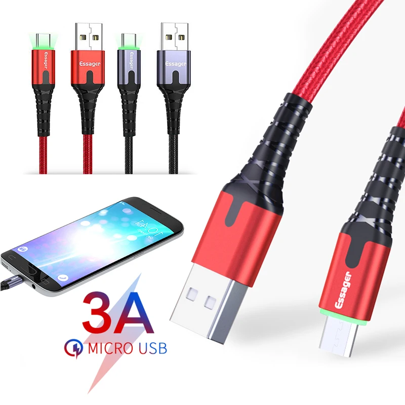 

Essager LED USB Micro Cable Fast Charge Wire Cord 3m USBC Cable for Xiaomi K20 Samsung Mobile Phone USB-C Wire Cord