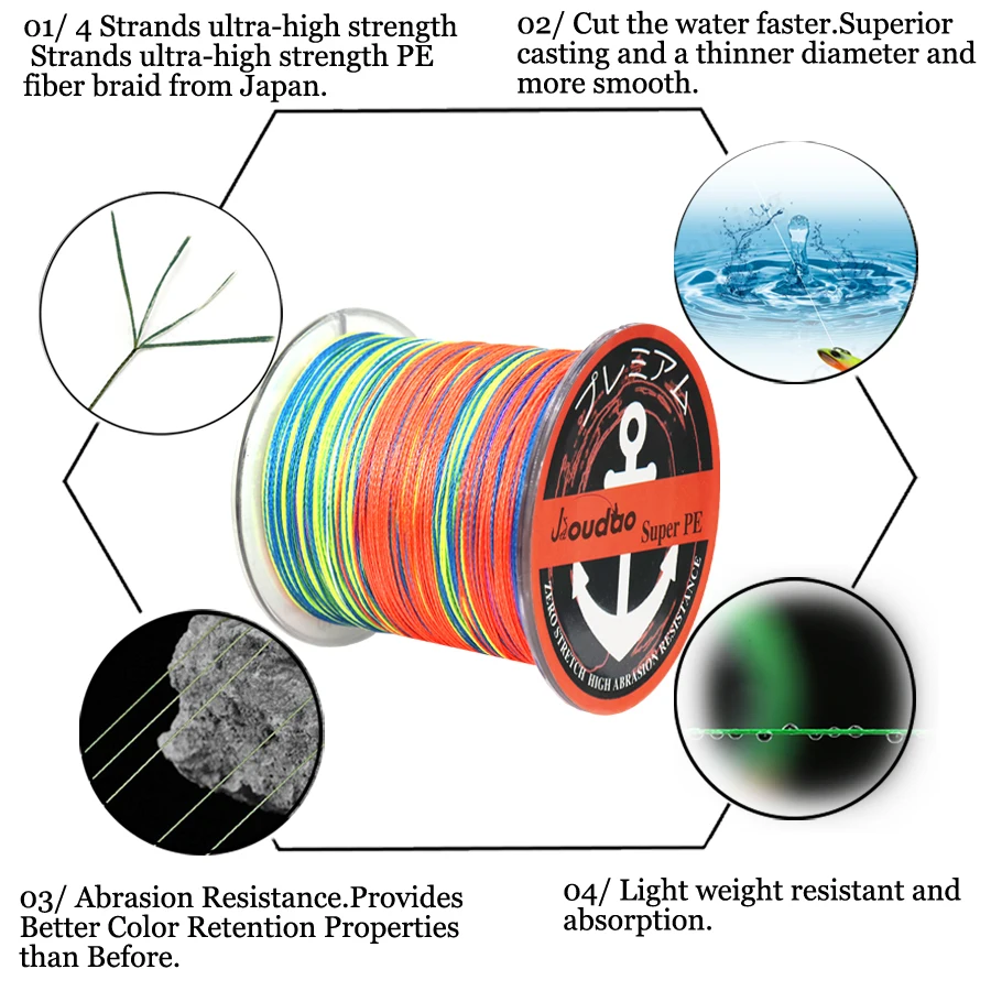 Jioudao 1000M/1500M PE Braided Wire Fishing Line 4 Strands 0.13mm-0.6mm 10LB-100LB Japan Strong Multifilament Fiber Fishing Line