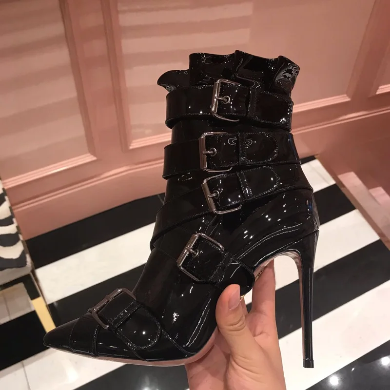 

Punk Ridding Boots Black Shinny Leather Buckle Strap Pointed Toe High Heel Ankle Boots High Heel Banquet Dress Shoes