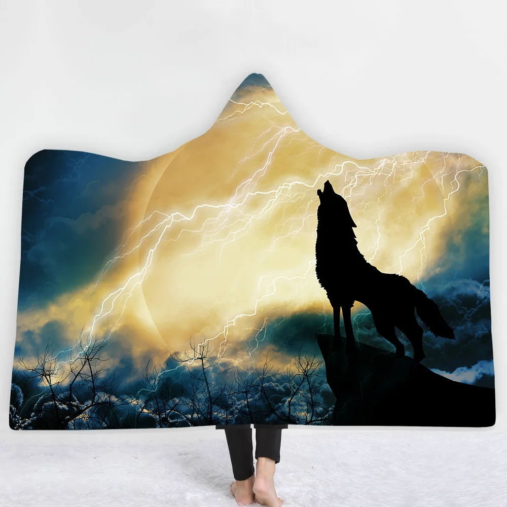 Moon Wolf/одеяло с капюшоном для мужчин, детское утепленное Двухслойное плюшевое одеяло с шапкой, мягкий фланелевый плед с изображением Льва шерпы - Цвет: 18