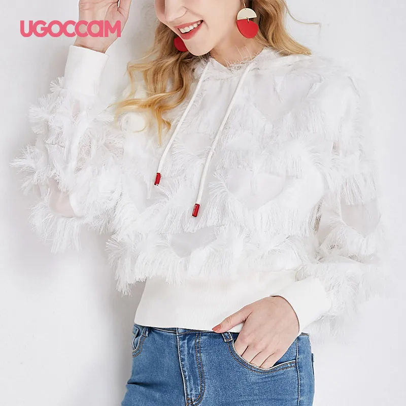 UGOCCAM женские толстовки с кисточками и длинным рукавом, элегантные, Boho Drawstring, уличная одежда, пуловер Harajuku, рубашка, Повседневная Осенняя женская одежда
