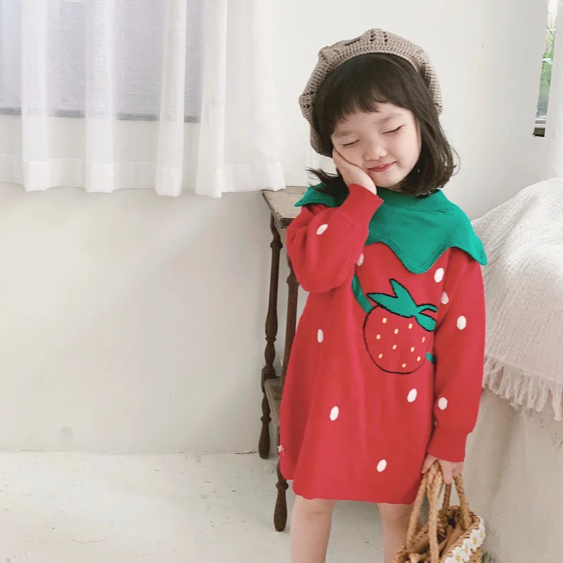 

Autumn/Winter New Children's Wear Original Girl Sweet Cute Strawberry Knitted Wave Point Kids Dress