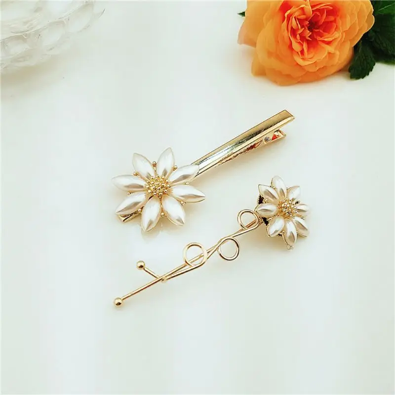 2Pcs Set Women Bridal Alloy Hair Clips Faux Pearl Daisy Flower Duckbill Hairgrip Bohemian Romantic Wedding 5