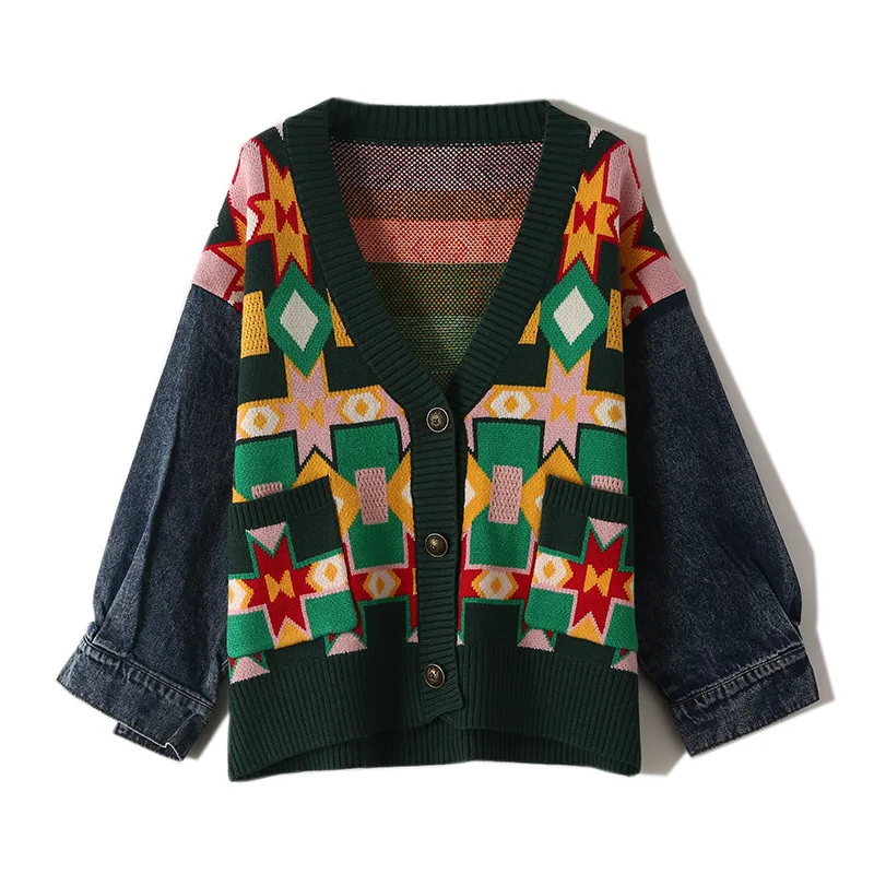 

Green Women Cardigan Denim Long Sleeve Splicing V-neck Oversized Knitted Cardigans Loose Spring Autumn Female Sweater Coat