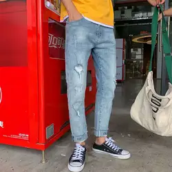 Оптовая продажа 2019 демисезонная уличная одежда Байкерская Мужская джинсовые, длиной до колена Штаны Мужская Корейская подростков