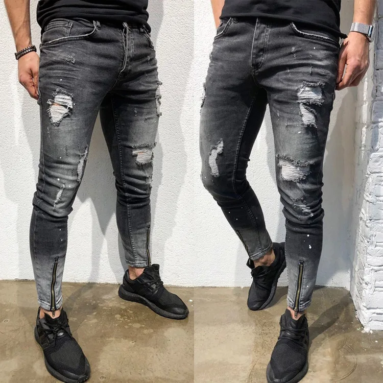 

New Ripped Jeans for Men Broken Hole Jens Men Foot Zipper Jean Homme Vaqueros Hombre Skinny Pantalones Hombre Jeans Para Hombre
