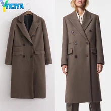 

YICIYA ZA Women Winter Long Solid Woolen Coat 2022 Pocket Warm Double Breasted Wool OverCoat Plus Size Met Cold Streetwear Coats
