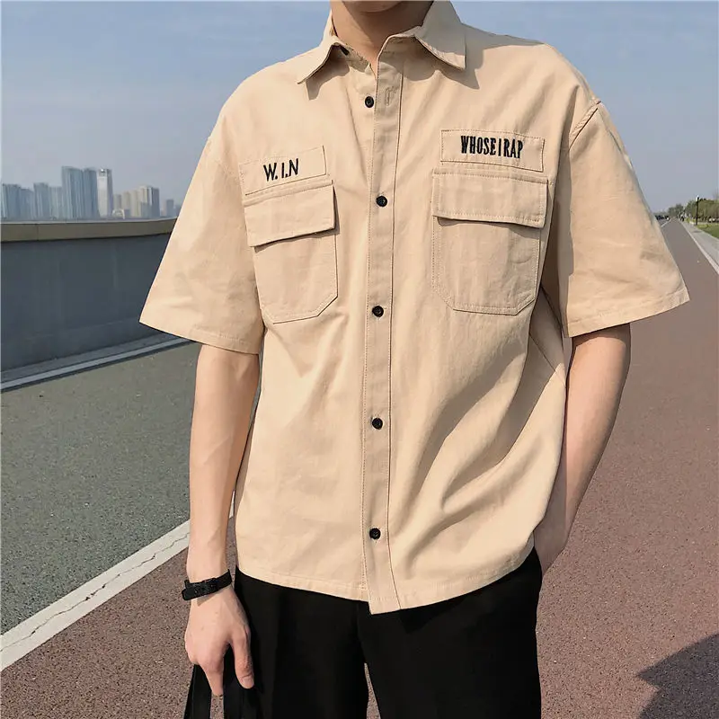 

BANNAJI Men`s Loose Fit Shirts Hip Hop Streetwear Short Sleeve Multi Pockets Oversize Summer Spring Baggy Shirts For Male