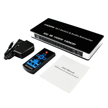 

5x1 Remote Control Converter Office DVD 3D TV PC Home Arc HDMI Audio Extractor 4K Video Switcher Power Adapter Laptop