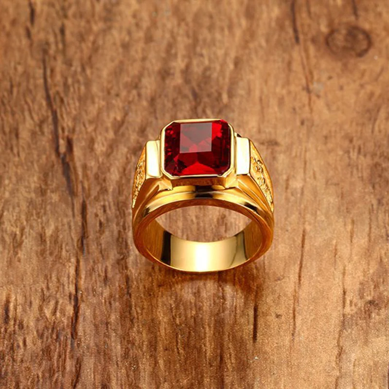 Classic Big Red/Blue Rhinestone Stone Rings For Men Jewelry Gold Color Stainless Steel Party Male Bands