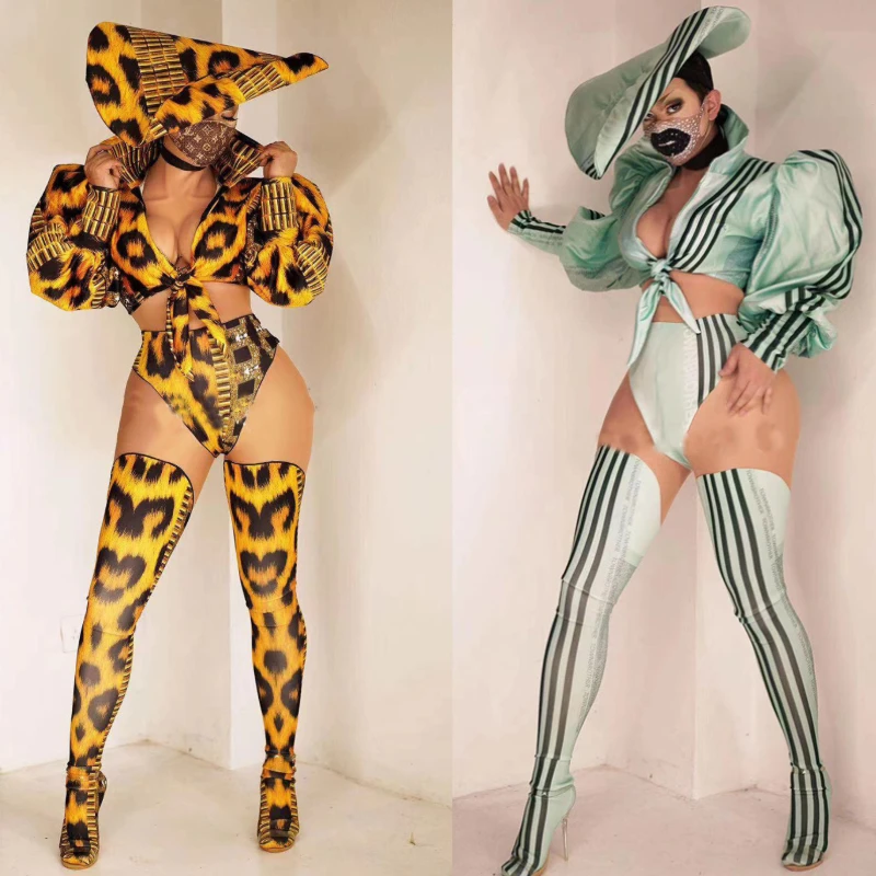 

Women Gogo Costume Sexy Nightclub Bar Party Dj Ds Hat Jacket Pants Foots Cover Suit Leopard Print Jazz Dance Clothing XS1622
