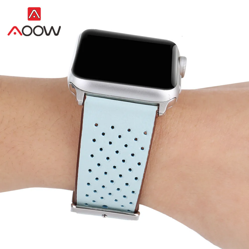 Ремешок для часов из натуральной кожи для Apple Watch, 38 мм, 42 мм, дышащий ремешок для мужчин и женщин, ремешок для iwatch 1, 2, 3, 4