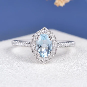 CxsJeremy Aquamarine Oval Cut 5*7mm Moissanite Engagement Ring 14K Au585 White Gold Halo Wedding Band Milgrain Anniversary Gift