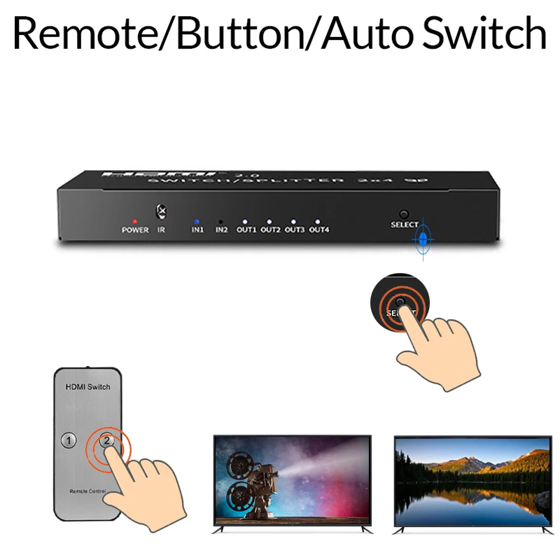 4K HDMI 2 in 4 out 2.0 HDMI Switch Splitter 2x4 SPDIF 3.5mm Audio Extractor Converter Adapter Remot