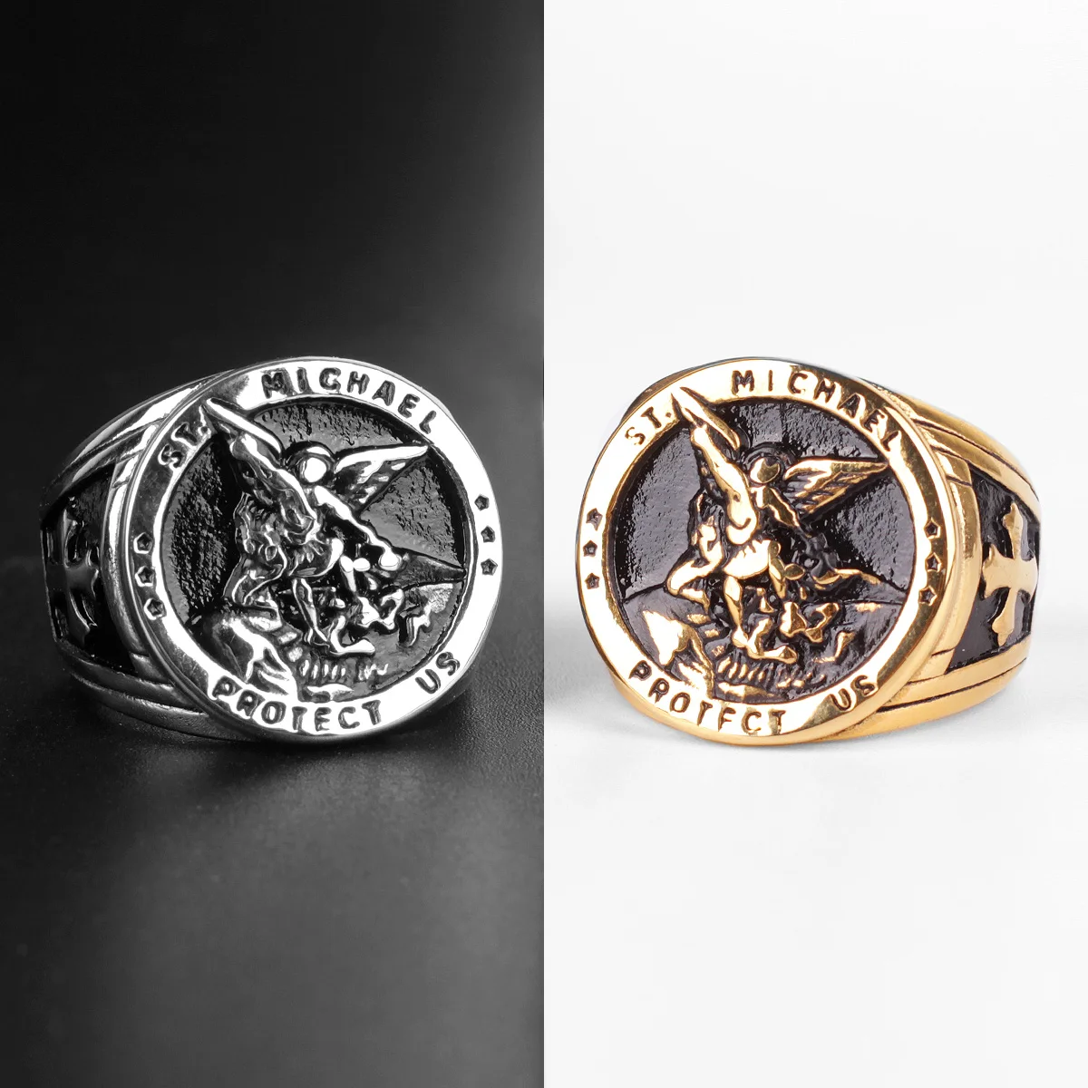 Мужские кольца из нержавеющей стали St. Майкл защитит нас, религия, католический панк-рок для байкерского мальчика, мужские ювелирные изделия, креативный подарок