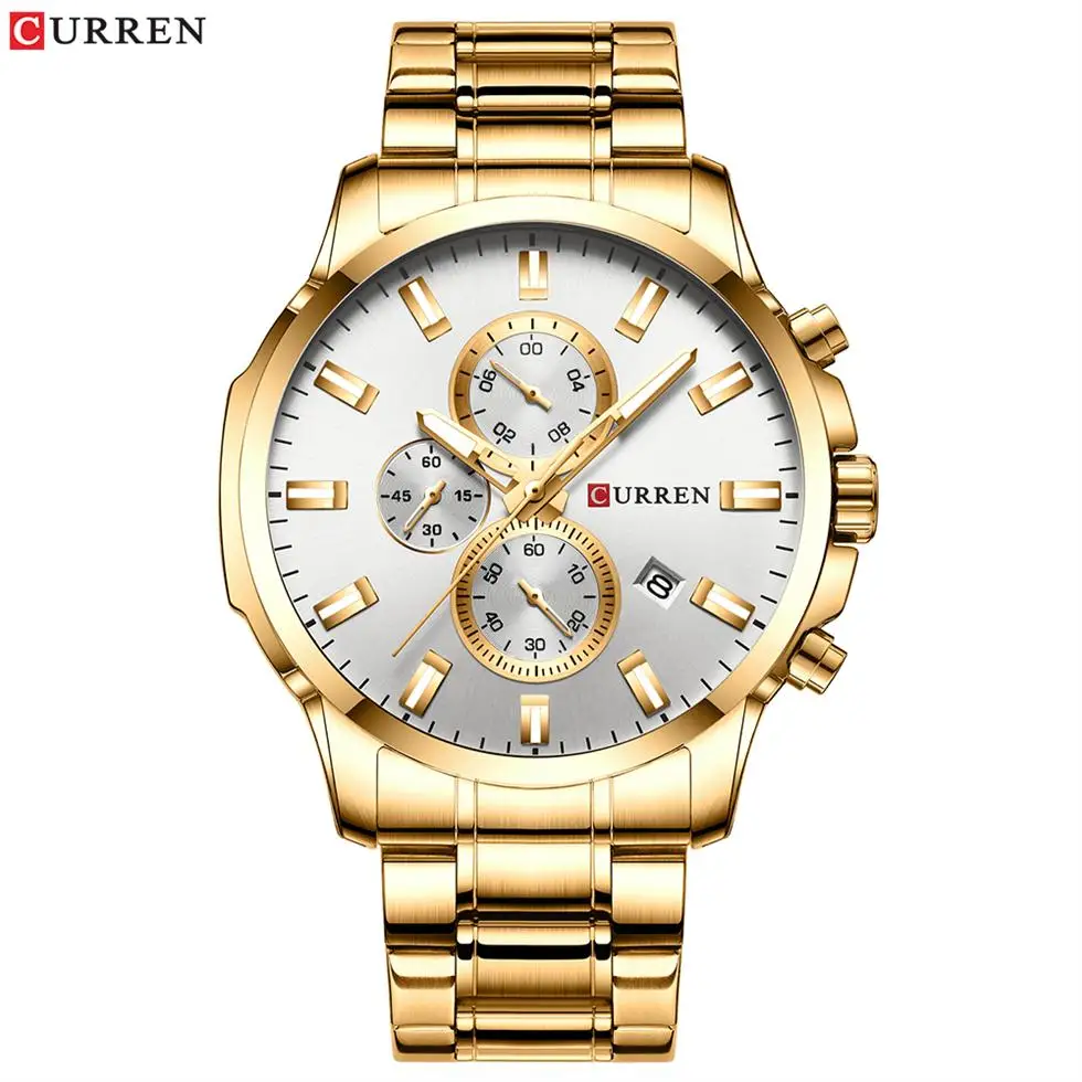 CURREN Новинка 8348 Роскошные мужские часы многофункциональный спортивный стальной ремешок кварцевые часы для отдыха Бизнес Календарь Мужские часы - Цвет: golden