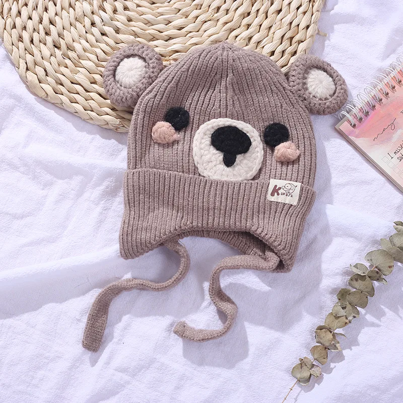 DUOJIAOYAN мультфильм медведь детская шапка осень зима корейский милый шапка пуловер вязаные шапки, шарфы защита ушей шляпа Детская шляпа из шерсти - Цвет: KM16-3