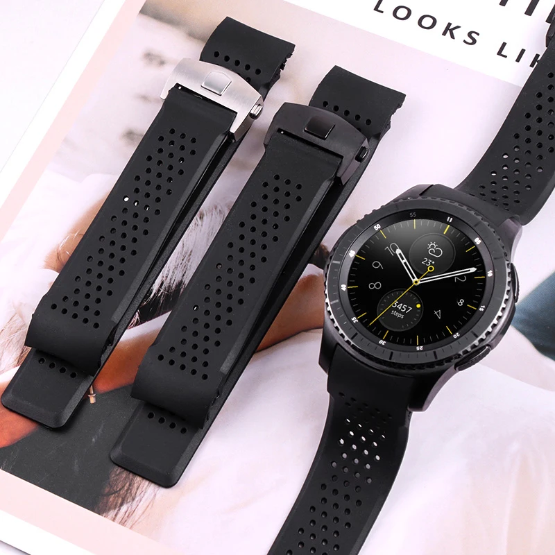 22 мм Топ резиновая кривая ремешок для samsung gear S3 Galaxy watch 46 мм силиконовые браслеты серебро Нержавеющая сталь складной ремешок с пряжкой