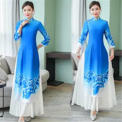 2019 Лето изящный аозай Вьетнам Cheongsam азиатская одежда народный стиль Qipao воротник народное платье для женщин античное длинное классическое