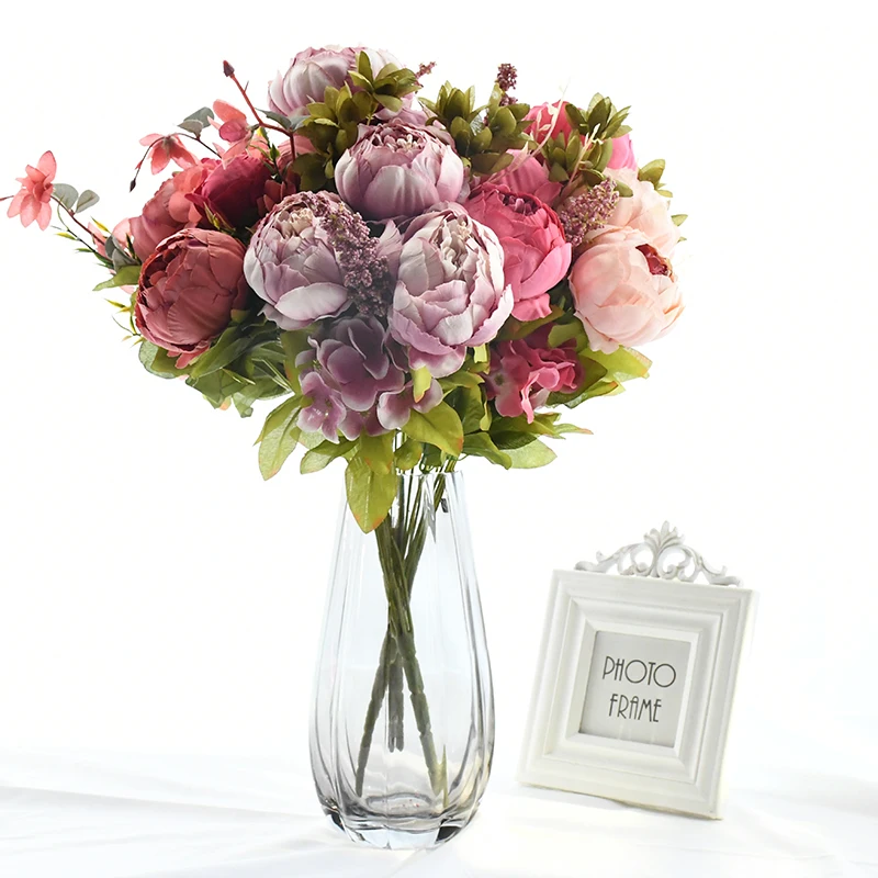 

1bouquet 13Heads European Artificial Peony Flower Silk Fake Peonies With Leaf For DIY Wedding Birthday Party Decor Home Ornament
