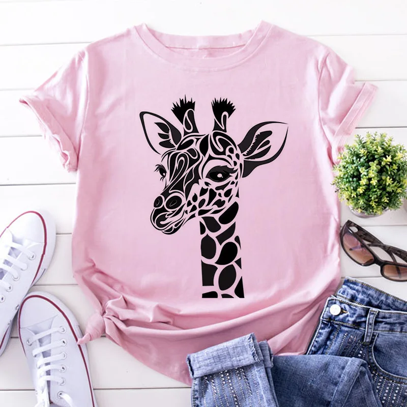 Giraffe Print Pink Woman Tshirts Women's Summer Harajuku Fun Cute Animal Pattern T Shirt Women Tops Casual Short Sleeve T-shirt