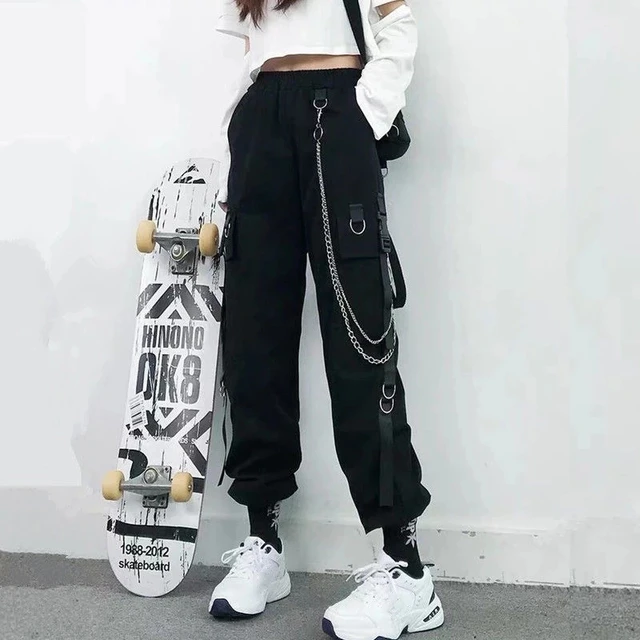 45857-cbfff6.jpg Women Cargo Pants 2023 Harem Pants Fashion Punk Pockets Jogger Trousers With Chain Harajuku Elastics High Waist Streetwear