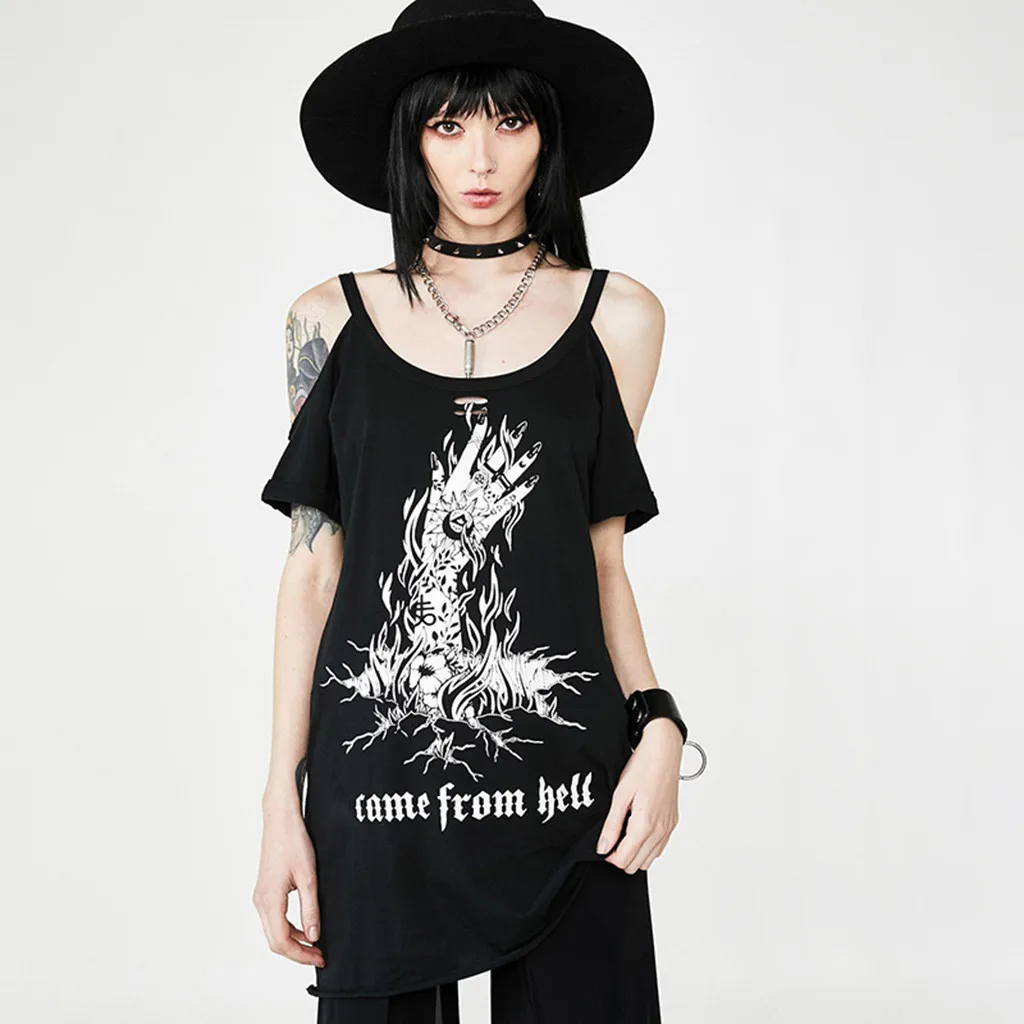 

Women Gothic Style Punk Dress Female Ladies Black Retro Print Short Sleeve O-neck Off Shoulder Casual Fashion Mini Dress 2019