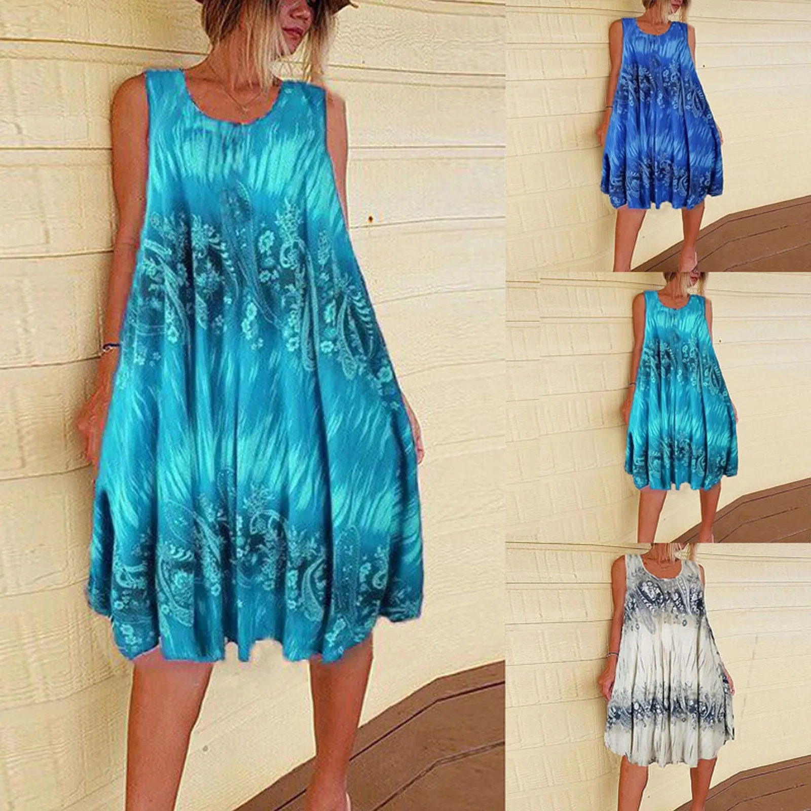 Summer Sundress Womens Sleeveless O-Neck Plus Size Dress Bohemian Tie-Dye Print Dress Lady Beach Dress Vintage Mujer Vestido 1