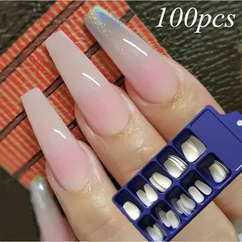 

100Pcs DIY Fake Nails French Style Long Acrylic Artificial False Full Nail Art Tips Stick On Manicure Salon
