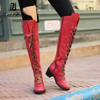 

Prova Perfetto High Quality Genuine Leather Women's Thigh High Boots Lace-Up Mixed Colors Rivet Platform Buckle Strap Lady Boots