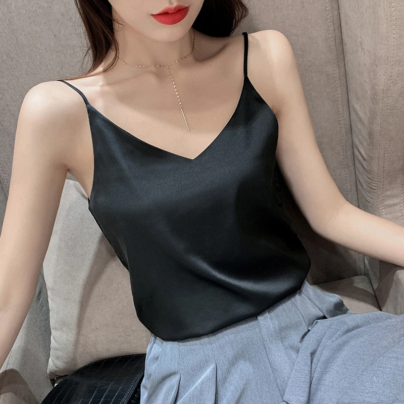Korean Silk Women Tops Camisole Women Silk Sleeveless Basic Top Camis Sexy Satin Halter Top Plus Size XXXL Woman Satin Camisole