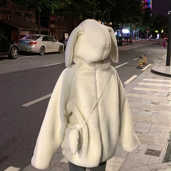 Loose Bunny Ear Hoodies Women Warm Long Sleeve Sweet Kawaii Rabbit Bag Hooded Female 2021 Autumn Winter Cute Sweatshirt Coat 3