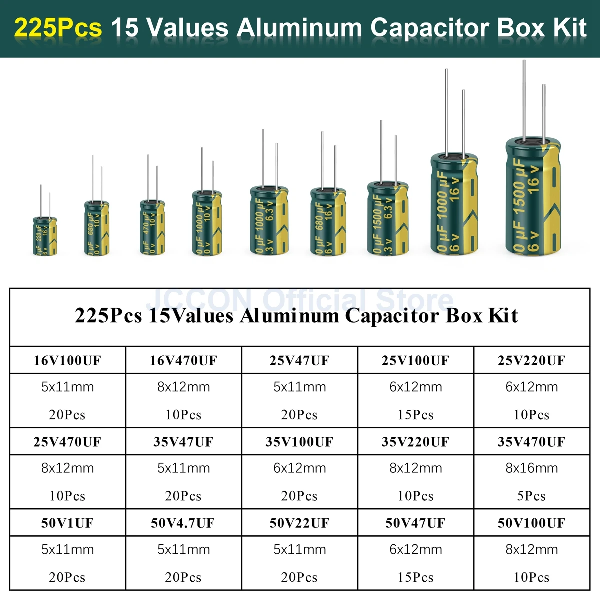 225Pcs/Box Capacitor Kit JCCON Aluminum Electrolytic Capacitors Set 15Values 16V-50V 1uF-470uF Assorted Kit Storage Low ESR electrolytic capacitor,aluminum capacitor,aluminum electrolytic capacitor