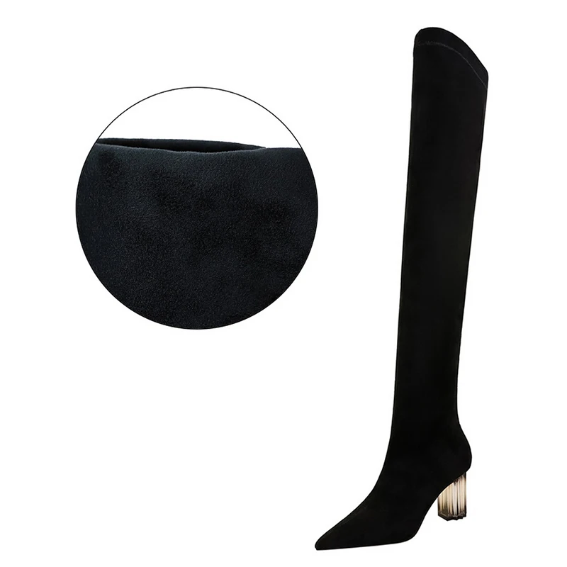 black Short Plush BIGTREE/botas altas mujer; облегающие Высокие Сапоги выше колена; черные зимние сапоги на каблуке с кристаллами; женские замшевые сапоги с острым носком; bota feminina - Цвет: black Short Plush