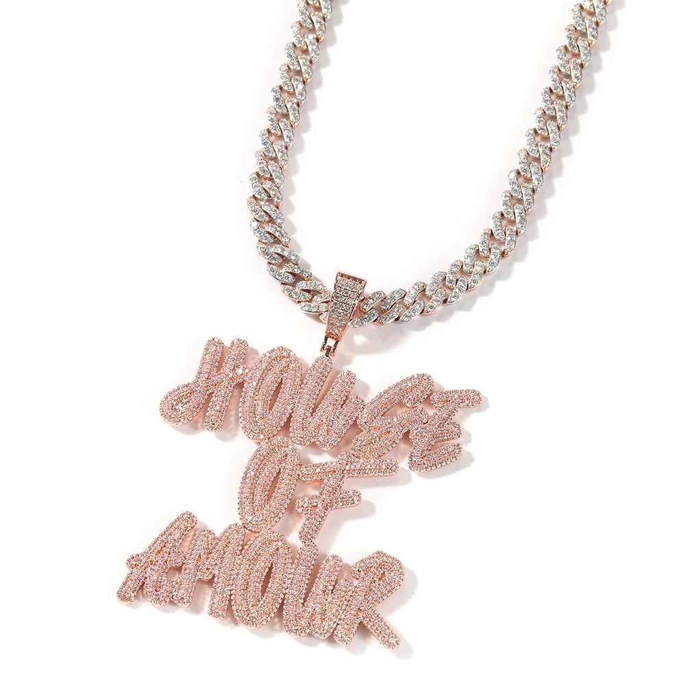 THE BLING KING Custom Letters Double Layer Cursive Pendant Iced Out 9mm Pink Cuban Link Chain Necklace With Name Hiphop Jewelry