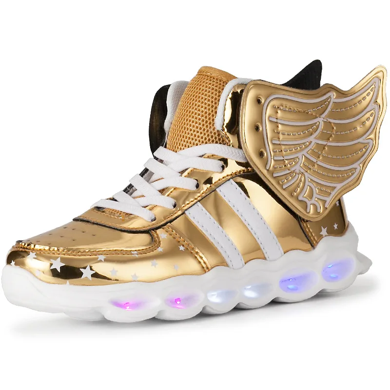 Обувь для мальчиков и девочек со светодиодной подсветкой и зарядкой от USB; светящаяся обувь с крыльями на шнуровке; детская обувь для мальчиков и девочек; спортивные кроссовки со светодиодной подсветкой