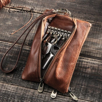 

CONTACT'S Genuine Leather Key Ring Case Small Coin Purse Zipper Pocket Multifunction Car Key Chain Keys Organizer Housekeeper