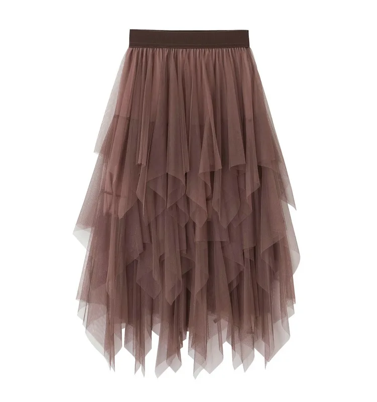 Hirigin, сексуальная женская юбка, весна, сетка, асимметричная, плиссированная юбка, высокая талия, Elascity Kwaii, женская уличная мода, юбки - Цвет: H Coffee