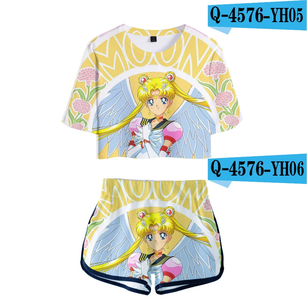 3D Sailor Moon Dew navel 3D комплекты футболок аниме женский костюм из двух предметов Короткие штаны летняя дышащая кавайная морская одежда с принтом Луны - Цвет: 3D