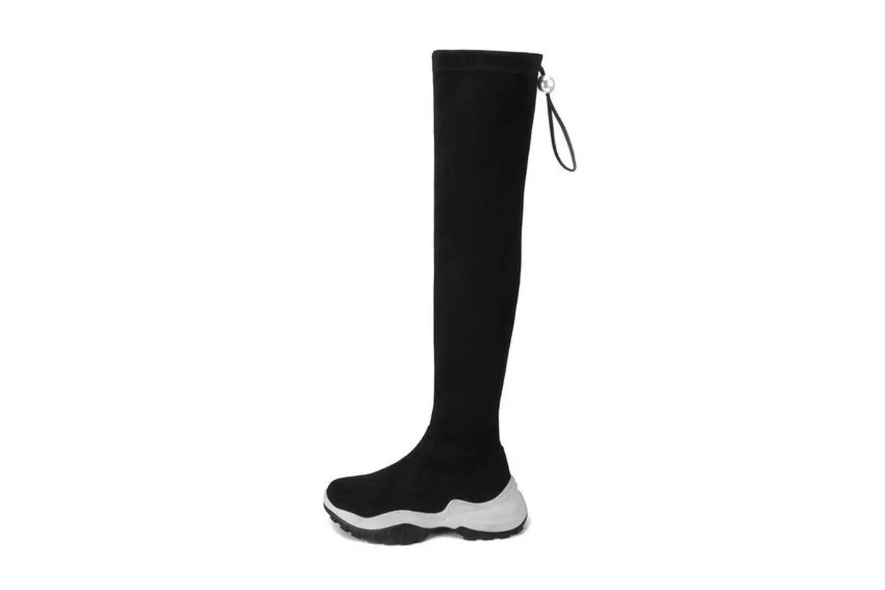 QUTAA Flock Elastic Long Boots Round Toe Lace Up Zipper Women Shoes Wedges Autumn Winter Over The Knee Boots Size 34-42