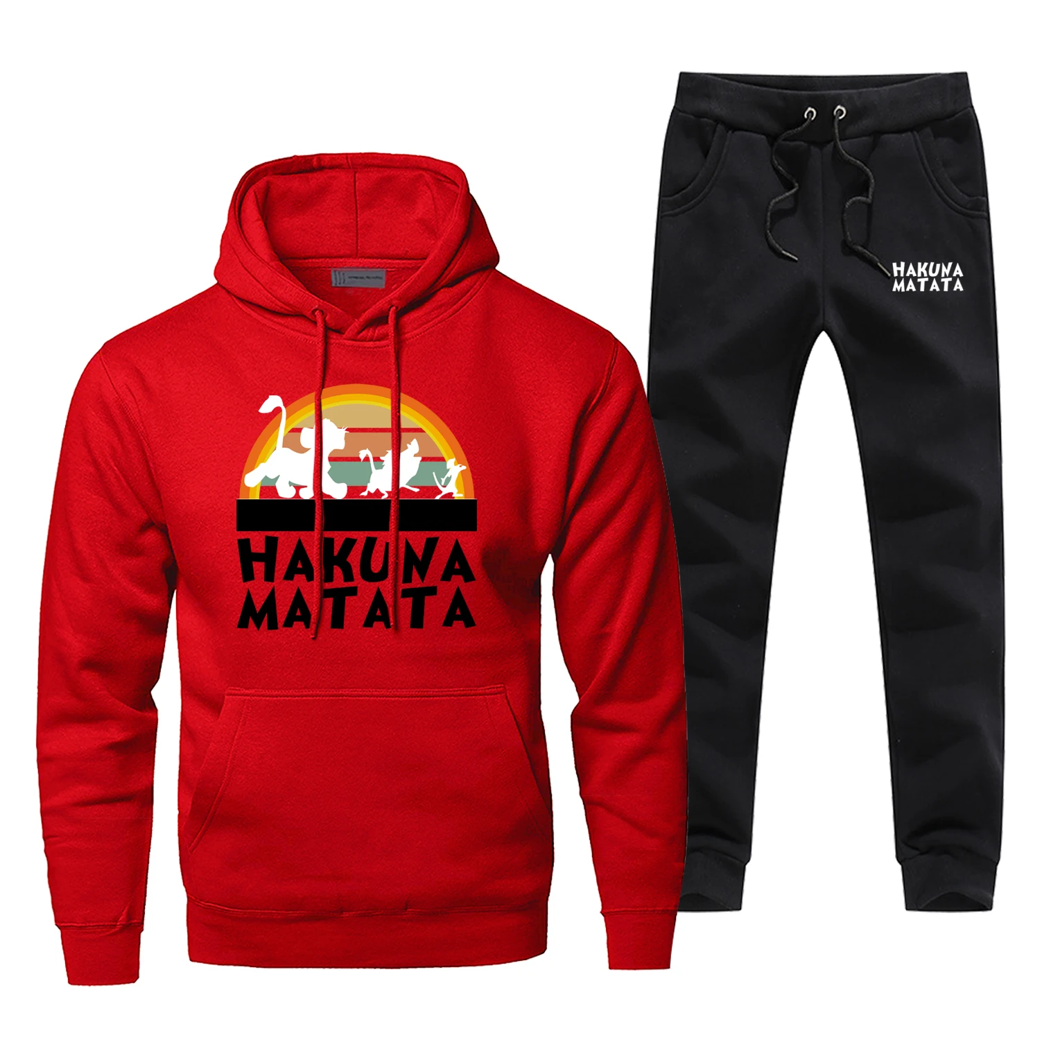Hakuna Matata, флисовые толстовки, спортивный костюм, толстовки+ штаны, мужские комплекты из двух предметов, повседневные толстовки с изображением животных, Король Лев, мужская спортивная одежда, s Kingdom - Цвет: Red