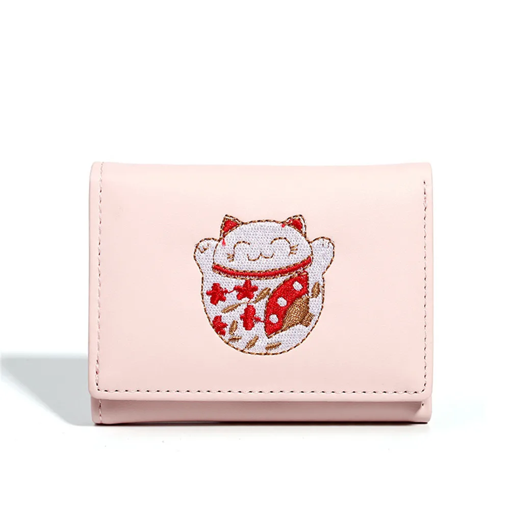 

Women Wallet Embroidered Kitten Faux Leather Buckle Trifold Wallets Card Coin Package PU Holder Clutch Lady Purse