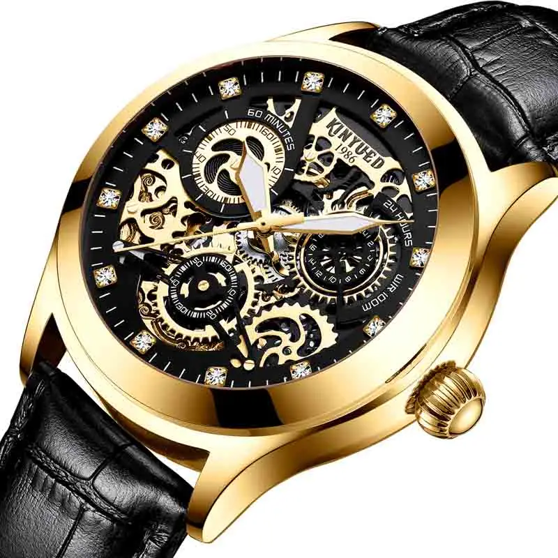 KINYUED механические часы со скелетом Tourbillion Мужские автоматические часы мужские роскошные брендовые Водонепроницаемые кожаные золотые часы montre homme - Цвет: Золотой