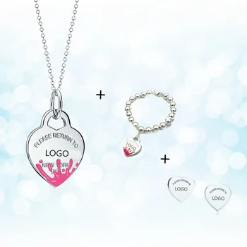 

Sterling Silver 925 Classic Pop Fashion Pink Enamel Water Splash Heart Shaped Lady Necklace Set Holiday Gift