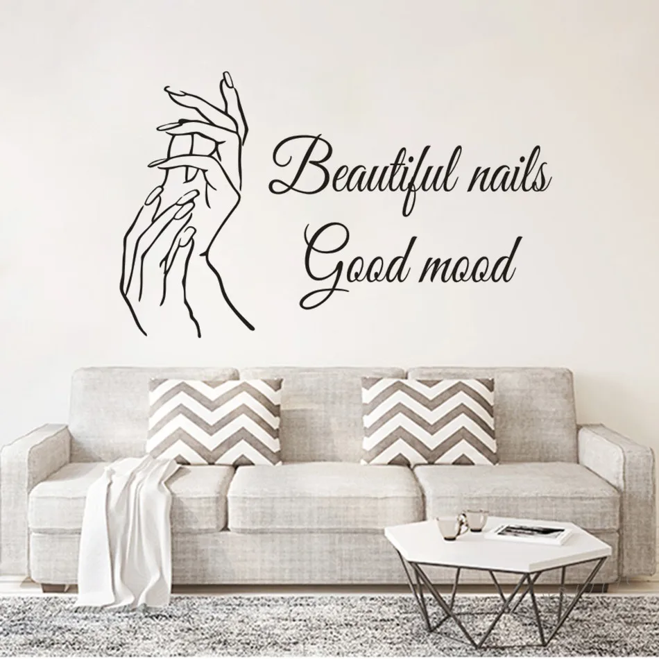 Beauty Nails Quote Vinyl Wall Sticker Beautiful Nails Good Mood Lettering Wall Decal Nail Salon Décor Manicure Art AZ922