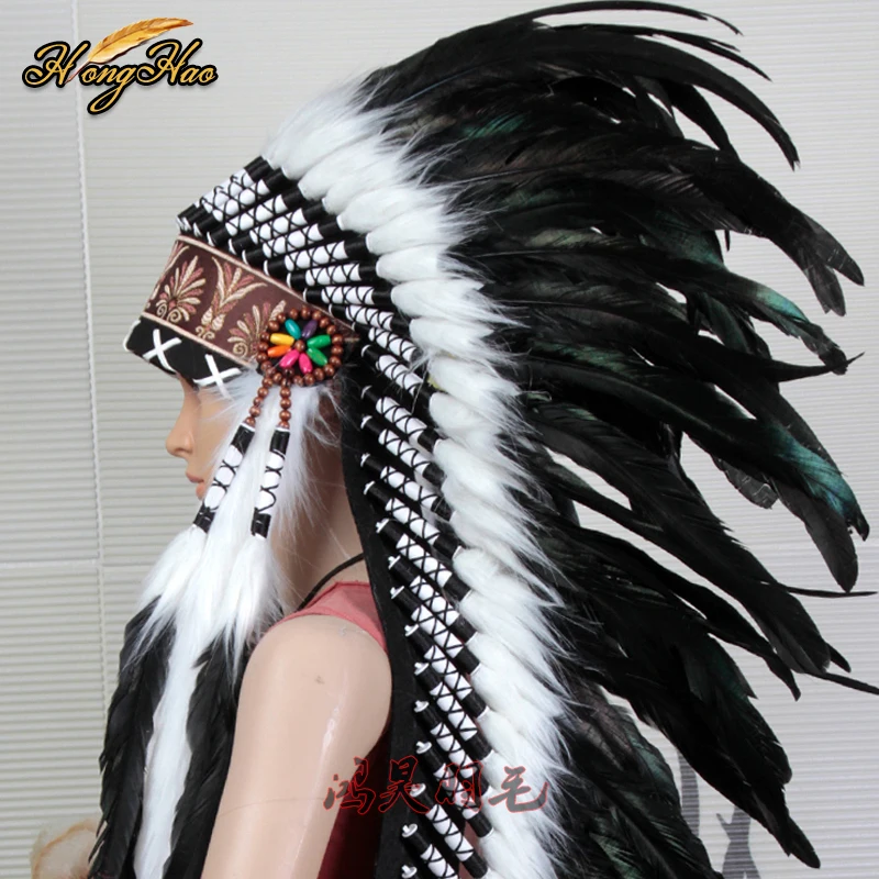 Tocado de plumas indias altas, tocado hecho en réplica, disfraces de plumas negras, suministro de disfraces para fiesta de halloween